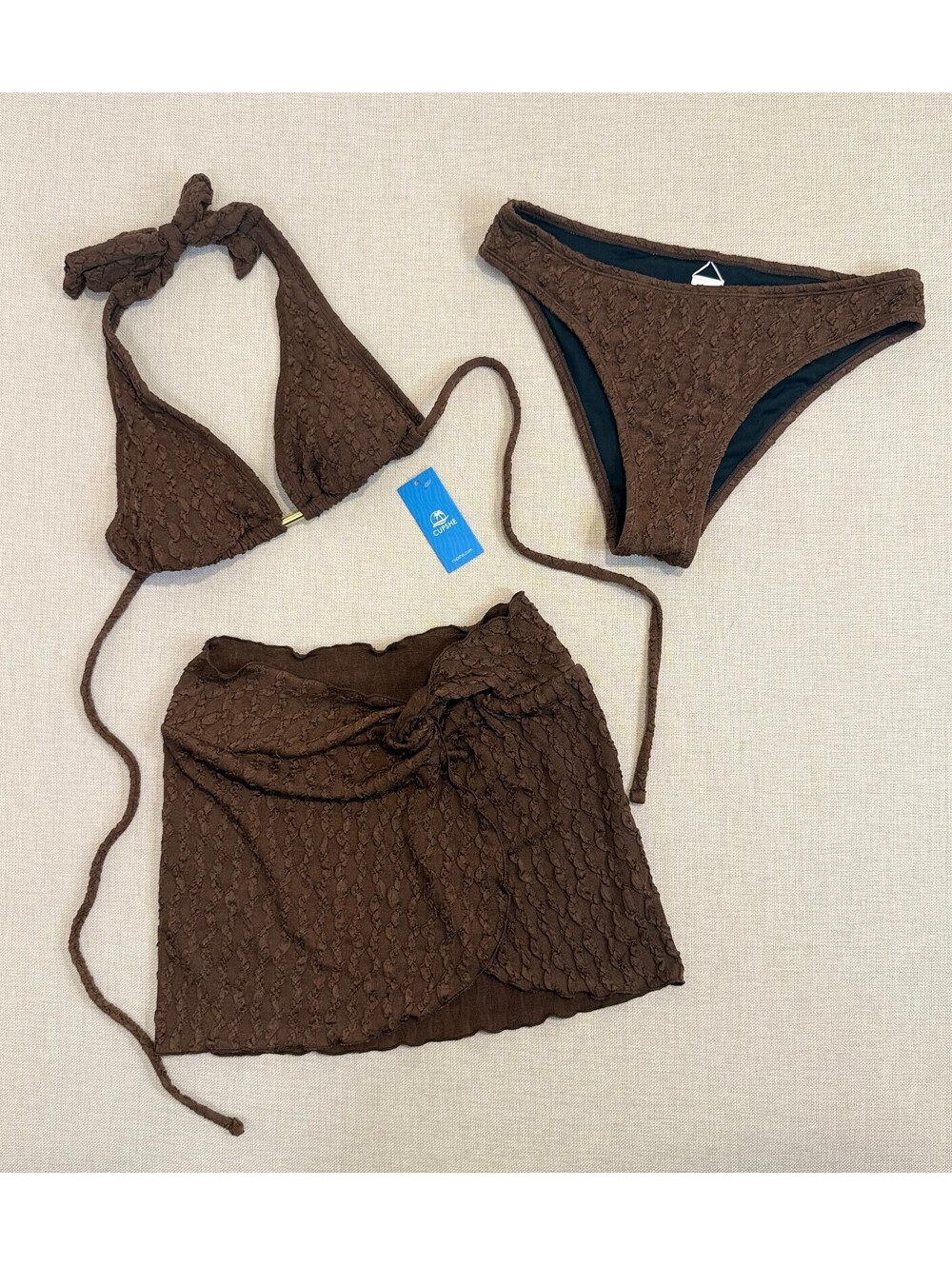 ** NWT ** CupShe Coffee Brown Plunging Bikini Set & Skirt Set (3Pc) - Size Small